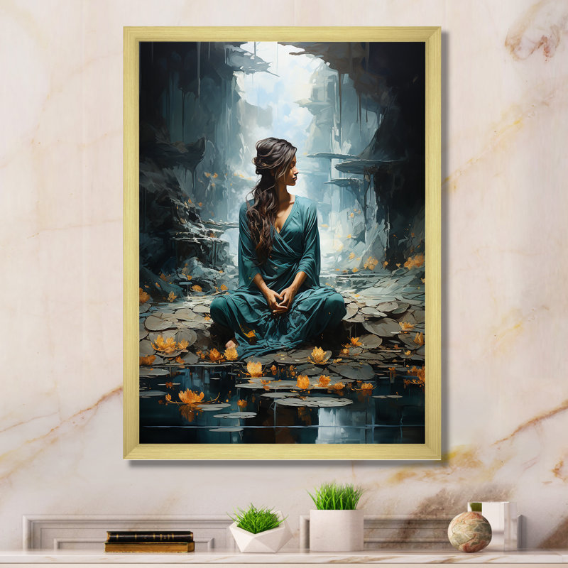 «Hinduism Yogis Tranquil Cave Teal», reproduction sur toile, Cadre doré simple, H 32 po x l 16 po x P 1 po