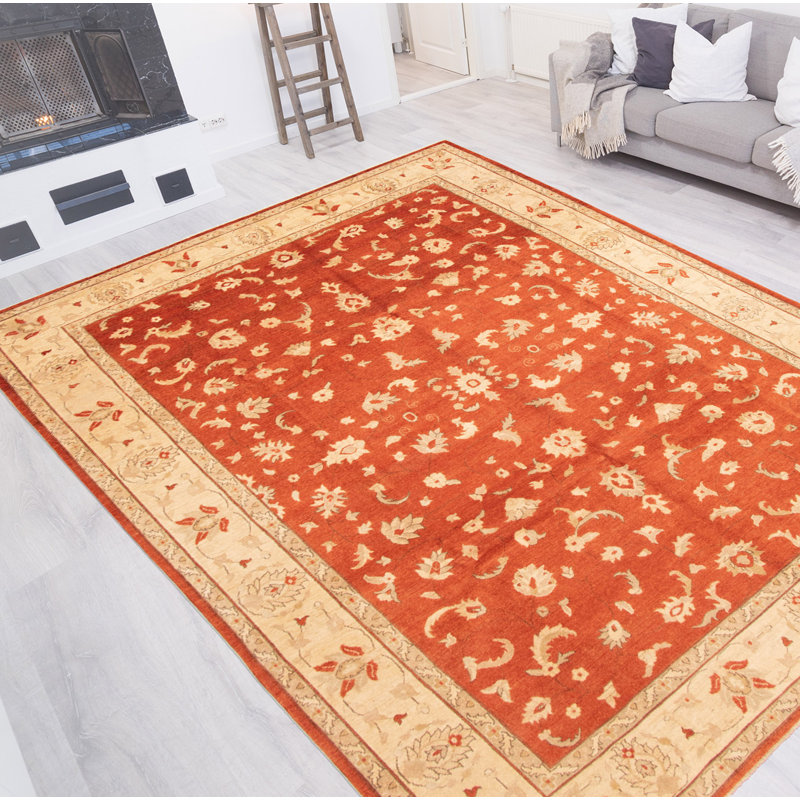 Tapis rouge en laine noué à la main de conception unique 10 pi 1 po x 13 pi 8 po New Age