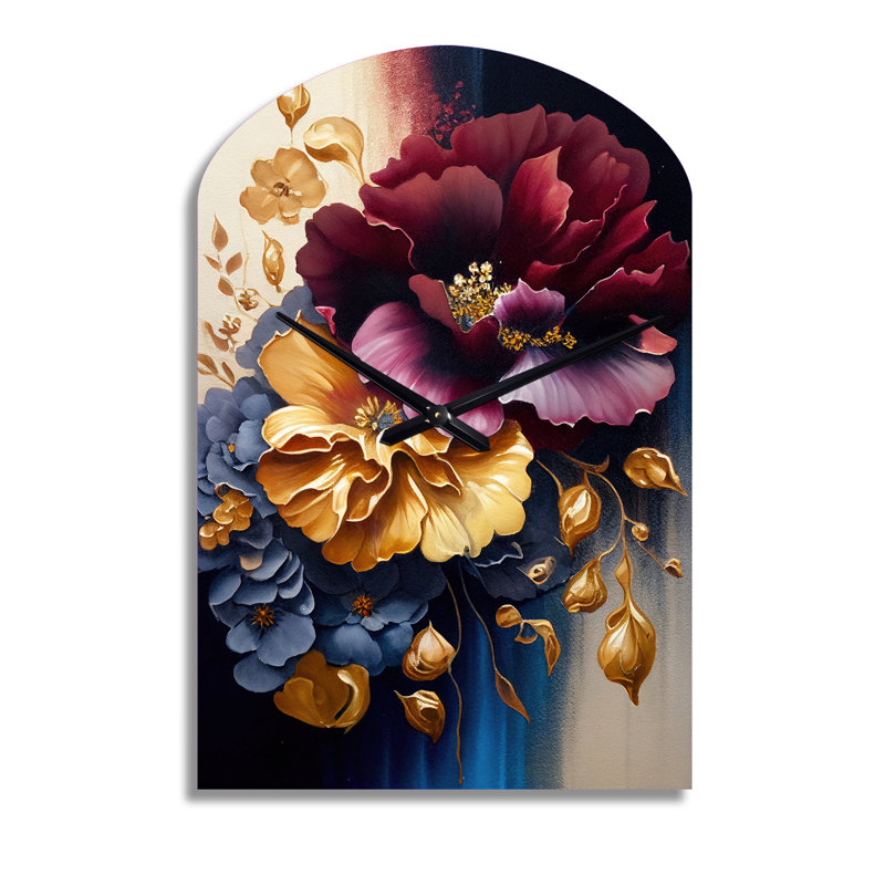 Horloge murale bourgogne et bleue Floral Bunch II - Floral, Médium