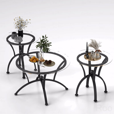Ensemble de 3 tables basses décoratives en verre trempé