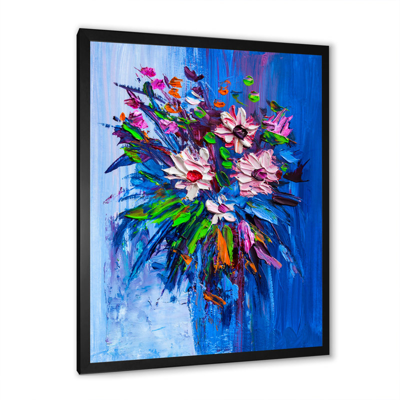 Bouquet bleu de fleurs de marguerite - art mural traditionnel sur toile, H 20 po x l 12 po x P 1 po