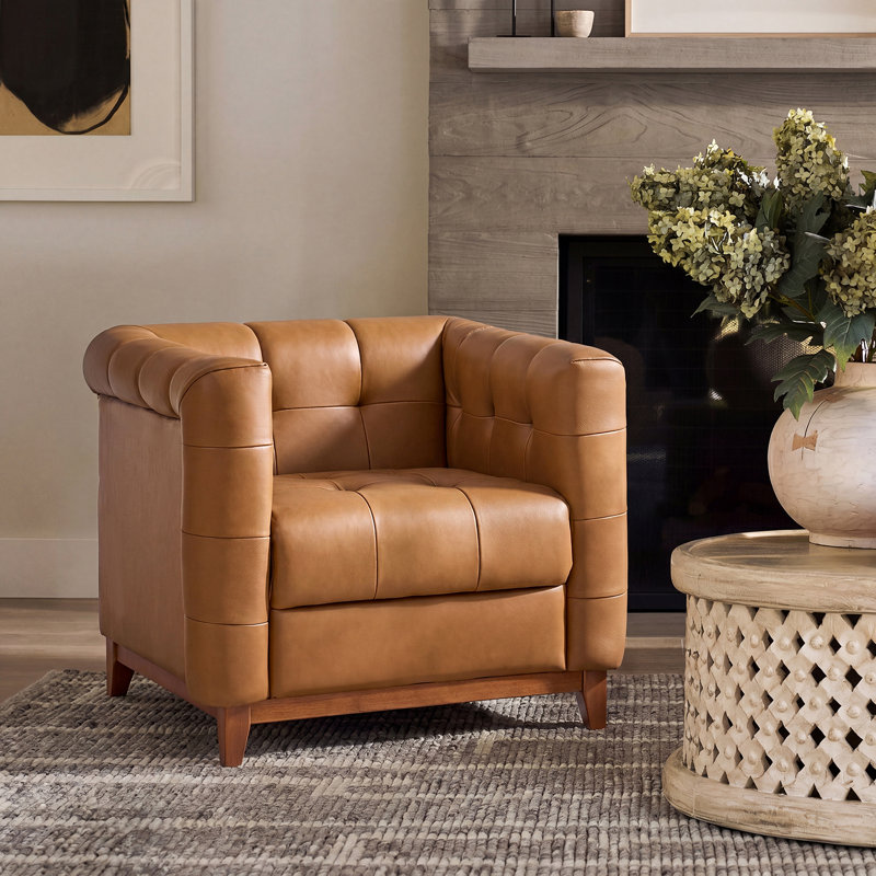 Fauteuil demi-tonneau carré en cuir véritable transitionnel 35,25 po Alisier, Camel
