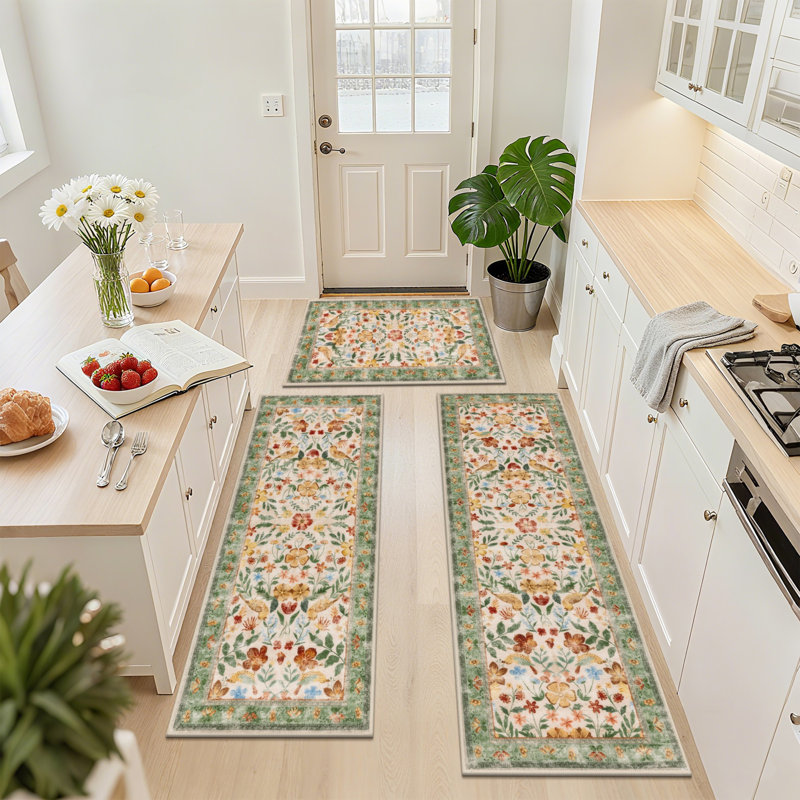 Machine Washable Non-Slip Kitchen Mat, Green/Brown