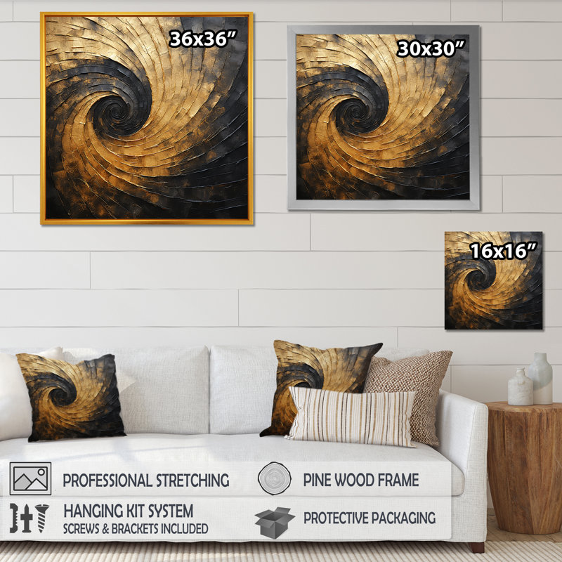 Art sur toile, spirales abstraites dorées et noires, H 30 po x l 30 po x P 1 po, Cadre flottant doré