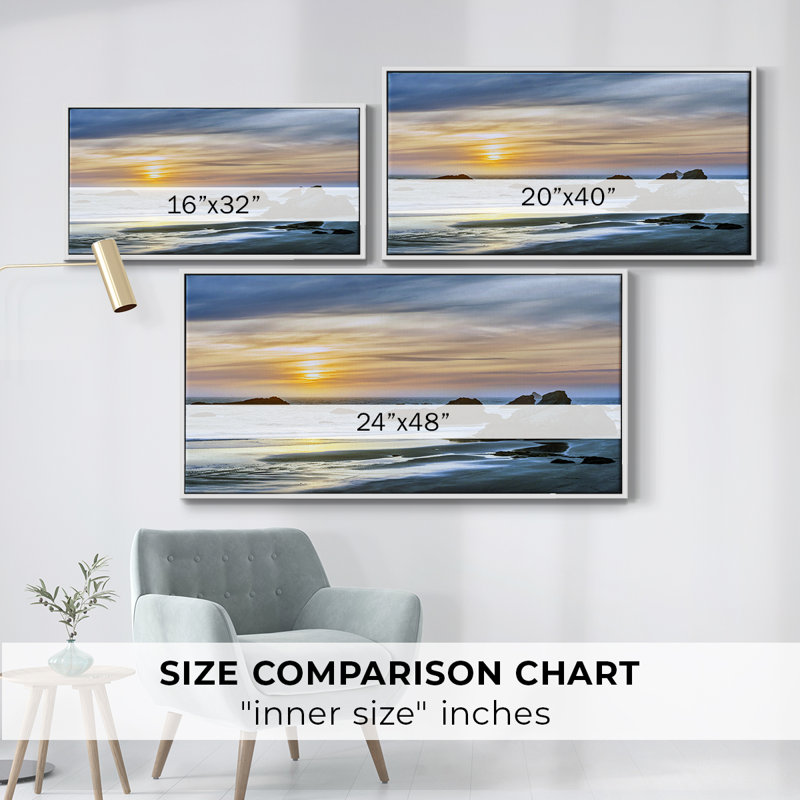 Harris Beach Sunset - Toile tendue avec châssis tendue, prête à accrocher, H 21 po x l 41 po, Blanc