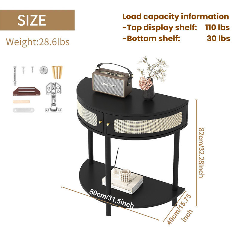 Side Table, End Table with 2 half moon design Cabinets and a Bottom Shelf for Living room, Bedroom, Study