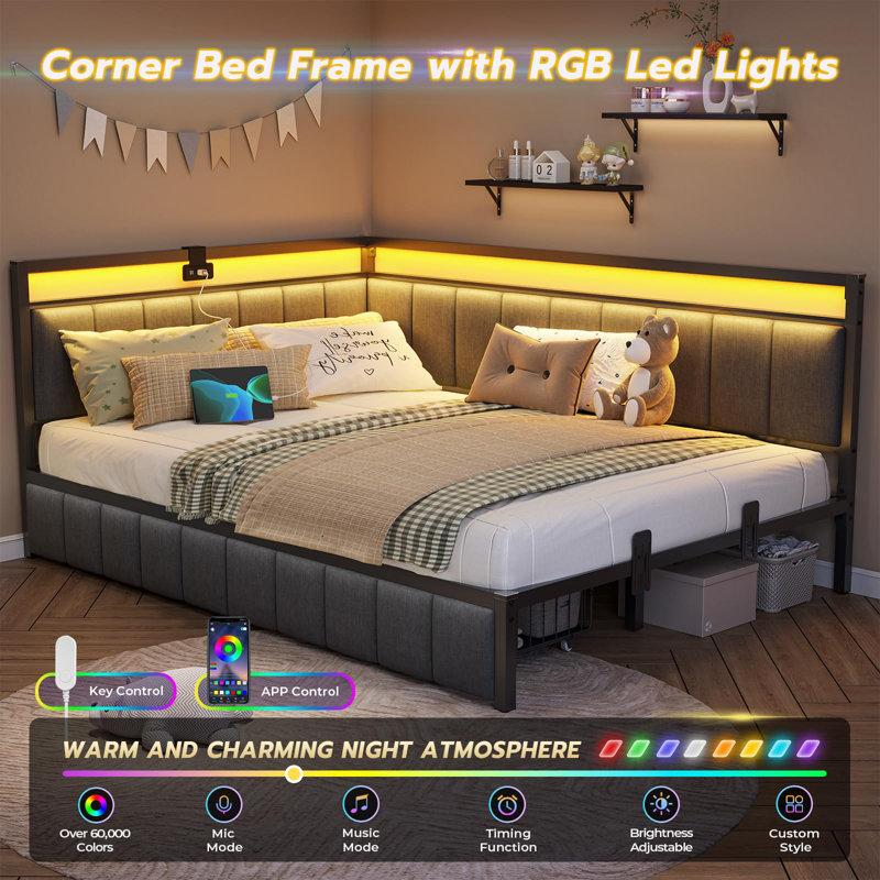 Corner Bed Frame With Led Light And Charging Station, Line Fabric Upholstered Bed With 2 Underbed Storage Drawers, Modern Daybed No Box Spring Needed/noise-free, Grey