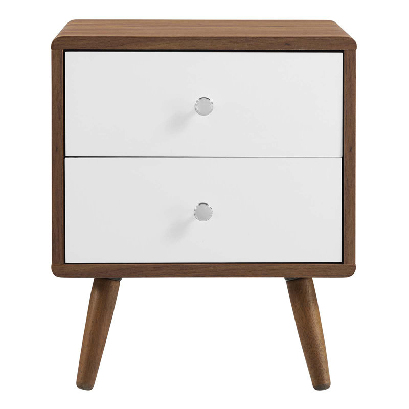Walnut and White 2-Drawer Mid-Century Modern Nightstand