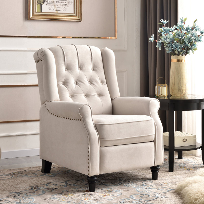 76cm Wide Modern Push Back Recliner with Tufted Back and Rivets, Off White Microfiber/Microsuede