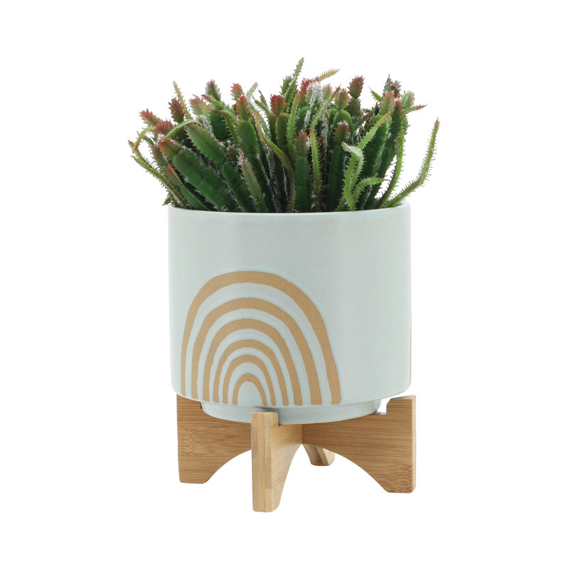 Rainbow Motif Outdoor Planters on Wood Stands for Indoor Home Decor - Modern Ceramic Flower Pots for Living Room or Patio - Set of 2, 11", 7" Green & Tan