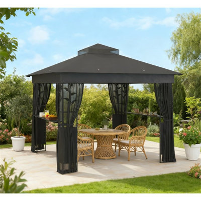 Double Roof Patio Gazebo,Outdoor Gazebo With Shelves And Netting,For Lawn, Backyard And Deck
