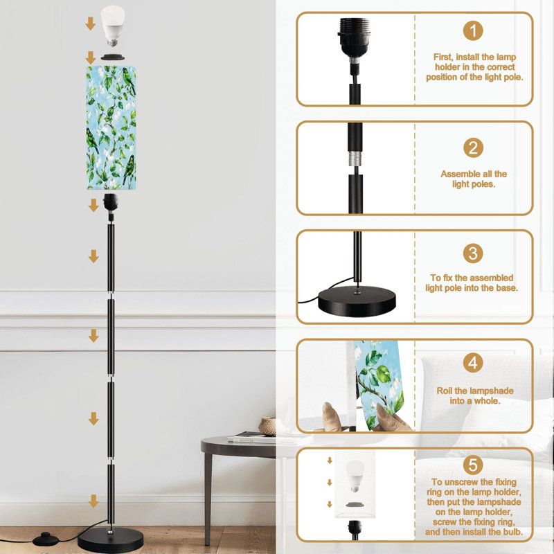 Lampe sur pied avec oiseaux verts perchés et branches fleuries, ciel bleu, lampe sur pied à intensité variable avec télécommande