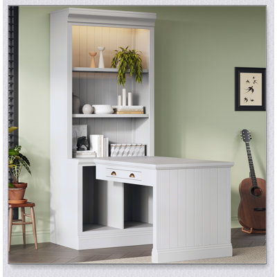 Bibliothèque de 83,4 po de hauteur avec bureau d'écriture, bibliothèque moderne avec bureau d'étude, poste de travail avec tablette de rangement, bibliothèque de rangement avec tablettes ouvertes et éclairage DEL pour le salon, le bureau personnel