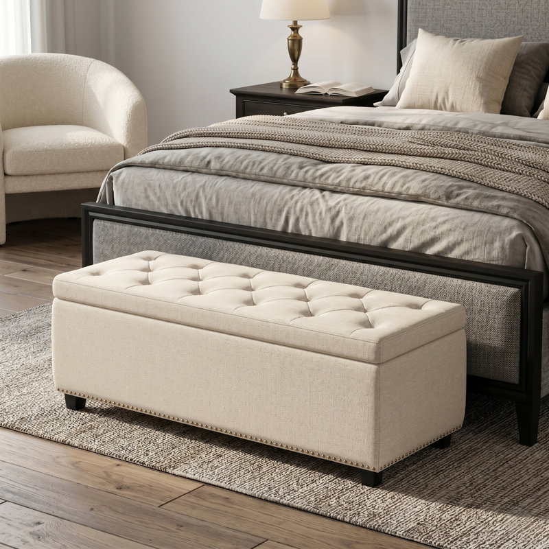 Hamilton 48"W Upholstered Linen-Look Fabric Transitional Rectangular Lift-Up Storage Ottoman Bench with Nailhead Trim