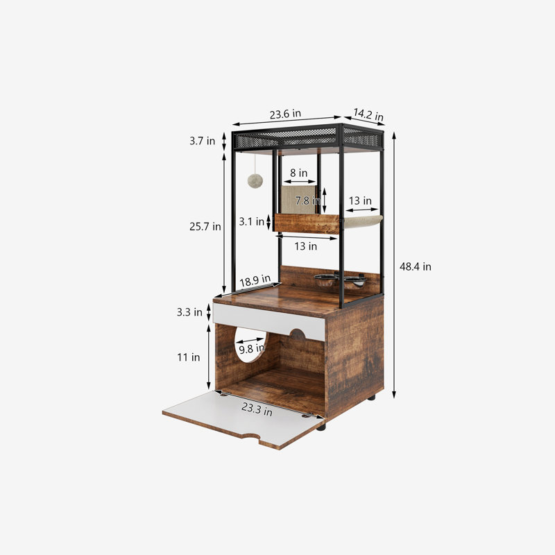 Multi-Function Cat Litter Box Fence with Cat Tree, Feeding Station and Scratching Pad, 48.03'' H x 23.62'' W x 18.90'' D