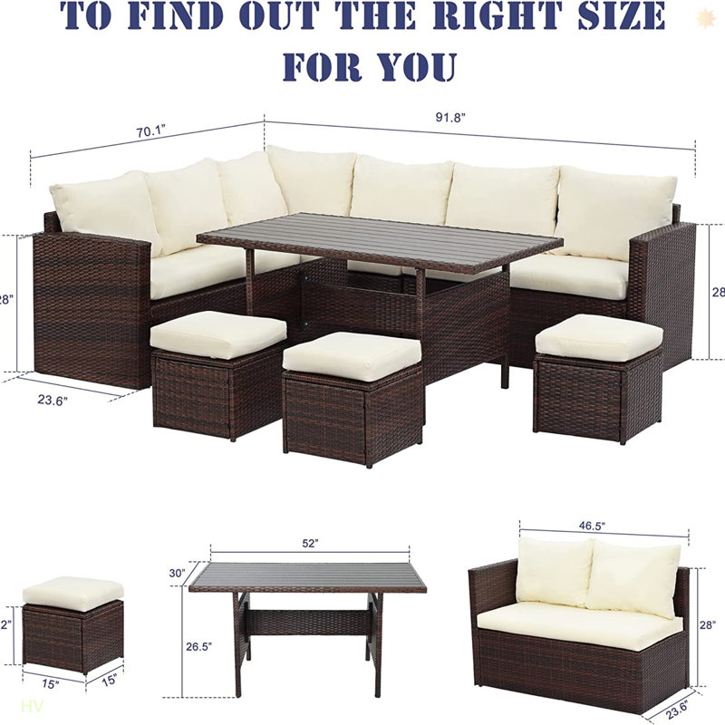 Ensemble de canapé modulaire en rotin 7 pièces avec coussins 7 pièces, Brun, Ivoire ivoire