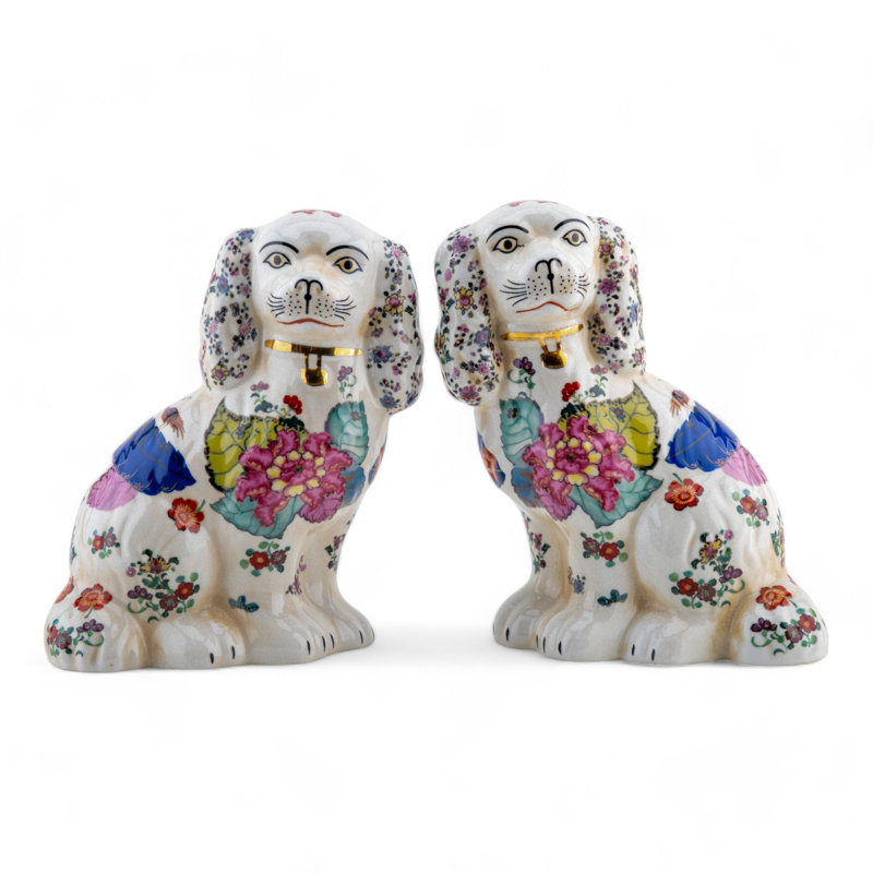Porcelain Staffordshire Dog Figurines Pair, Blue floral