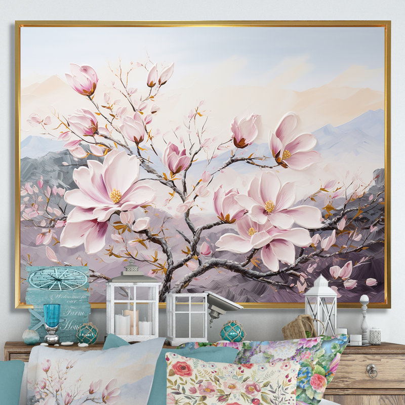 Fleurs de magnolia roses II sur toile, Cadre flottant doré, H 30 po x l 40 po x P 1,5 po