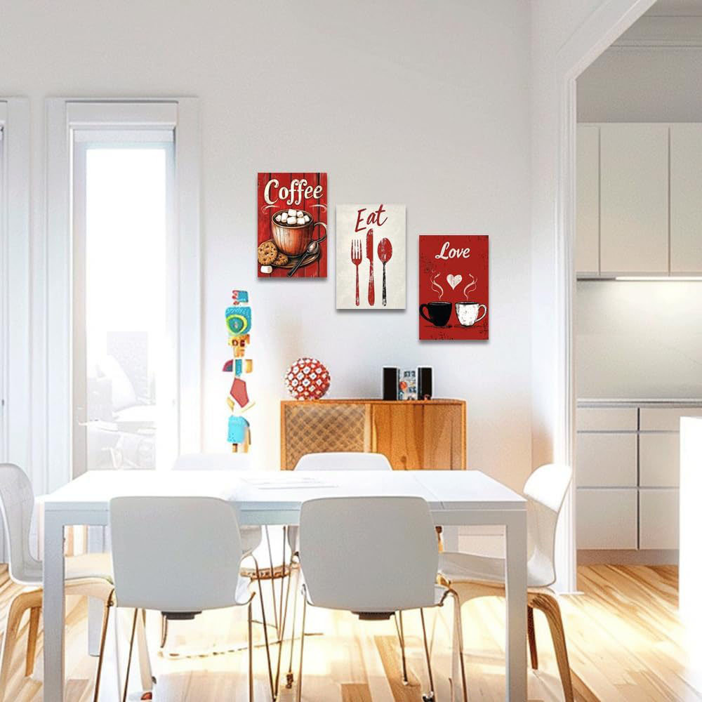 Kitchen Canvas Wall Art 3 Pieces Red Black White Coffee Picture Vintage Knife And Fork Painting Coffee Shop Cafe Decor Framed(Red,12.00"X16.00"X3pcs)