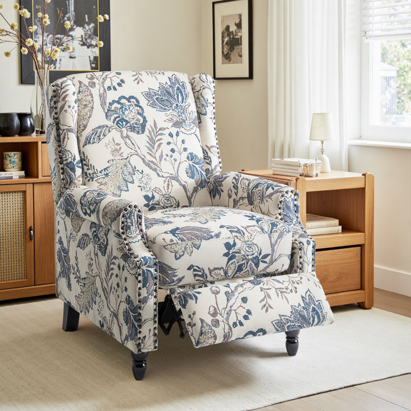 Ameiah 74 cm W Upholstered Wing Back Manual Push Back Recliner with Naihead Trims, Plants Blue Polyester