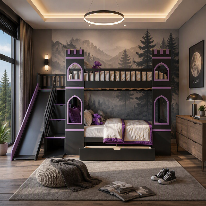 Lit superposé château avec glissade, escalier de rangement et grand tiroir sous le lit, cadre de lit superposé en forme de maison au design bicolore, rangement multifonctionnel