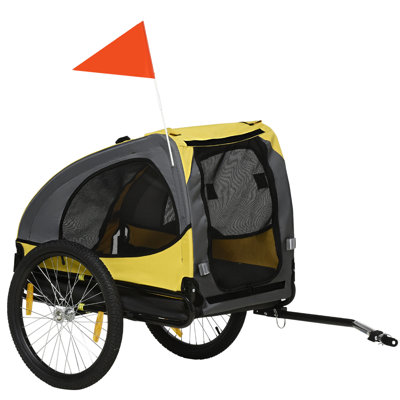 Aosom Dog Bike Trailer, Pet Bike Wagon with Steel Frame, Hitch Coupler, Quick Release Wheels, Reflectors, Flag, Pet Travel Carrier for Medium Dogs
