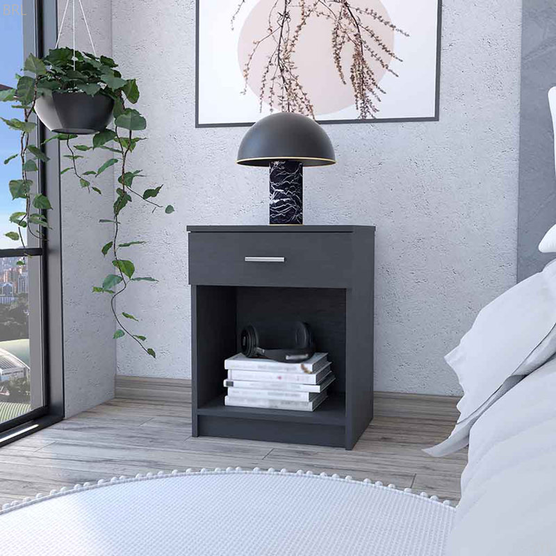 Table de chevet Coco, tiroir simple, tablette inférieure, Noir