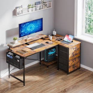 L Shaped Computer Desk, 59'' Corner Office Desk, Office Desk with Drawers,  Legal/Letter/A4 File Drawers, Headphone Hook and Monitor Shelf, Home Office  Desks for Printer, Rustic Brown 