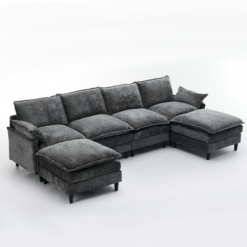 Modular Sofa,U Shaped Cloud Couch Comfy Set ,6-Seater, 2 Armrest Pillows,Convertible Sectional Couch, Living Room,Apartment, (2 Movable Ottoman)