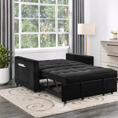 Causeuse convertible en velours noir l 53,5 po avec capitonnage et poche latérale