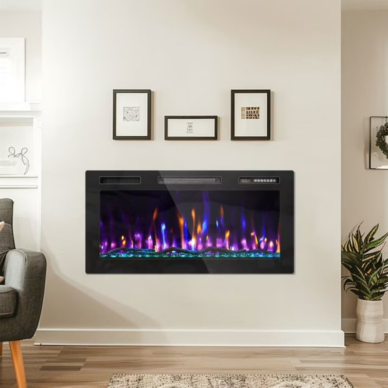 Foyer électrique ultra-mince encastré et mural - flamme 3D HD avec télécommande, 750 / 1500W, 36 po cristal
