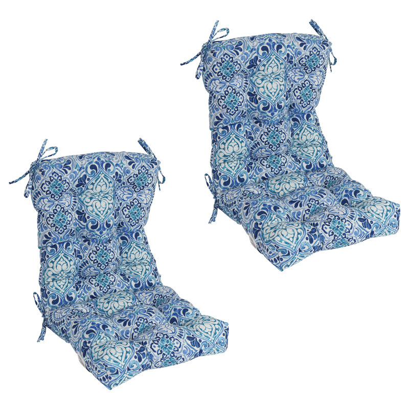 Outdoor Tufted Seat/Back Chair Cushions (Set Of 2), White/Blue/Fiorella Baltic Moroccan, 18" W x 18" D