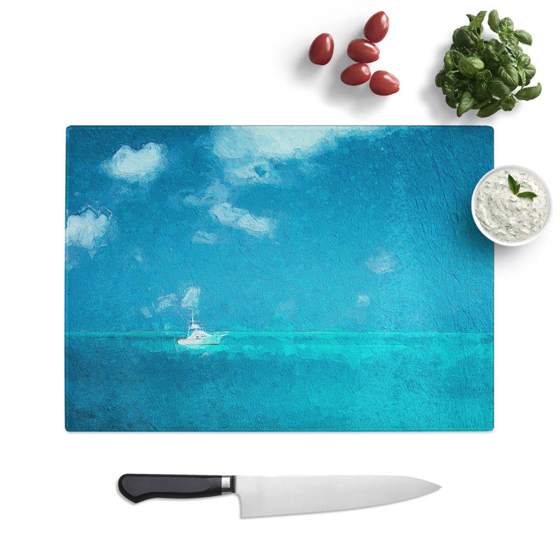 Tempered Glass White Sailboat in the Open Ocean Chopping Board, 39 cm W x 28.5 cm L