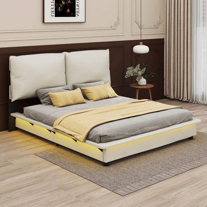 Kayri Upholstered Platform Bed with Sensor Light and Backrests, Full, White