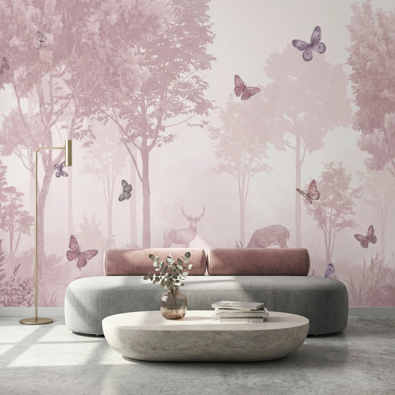 Papier peint forêt avec papillons et cerfs, 120 po x 96 po, Peler et coller