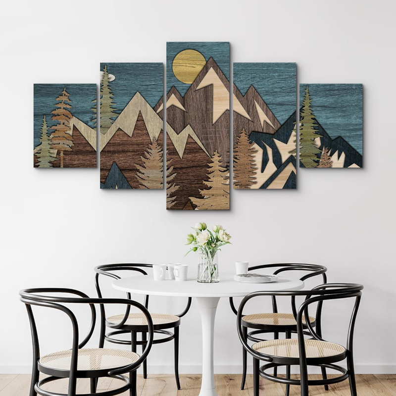 «Western Western Effect Landscape Mountain Sun Pine Tree Forest Large Canvas», impression sur toile 5 pièces
