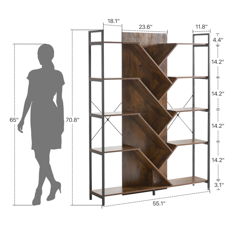 Industrial Tree Bookshelf, 5 Tier Tall Storage Rack With Open Shelves, Large  Bookcase Organizer For Bedroom Living Room Office