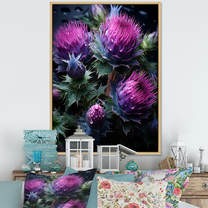 Magin mauve majestueux chardon II sur toile, Cadre naturel flottant, H 20 po x l 12 po x P 1 po