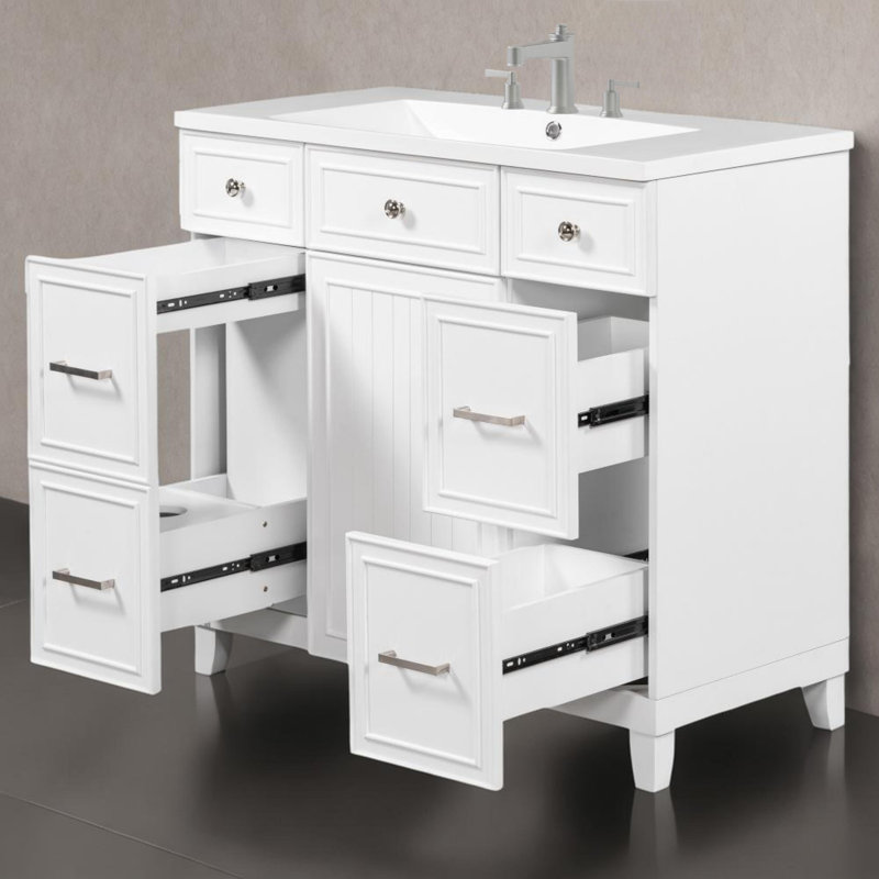 Ensemble de meuble-lavabo de salle de bain 36 "avec comptoir d'évier, avec porte à fermeture douce et tiroir, Blanc / argent