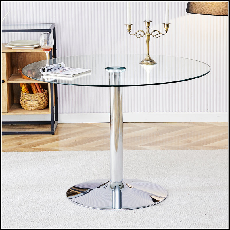Table de salle à manger moderne et minimaliste avec plateau en verre trempé 39,7 pouces et pieds en métal argenté électrolytique