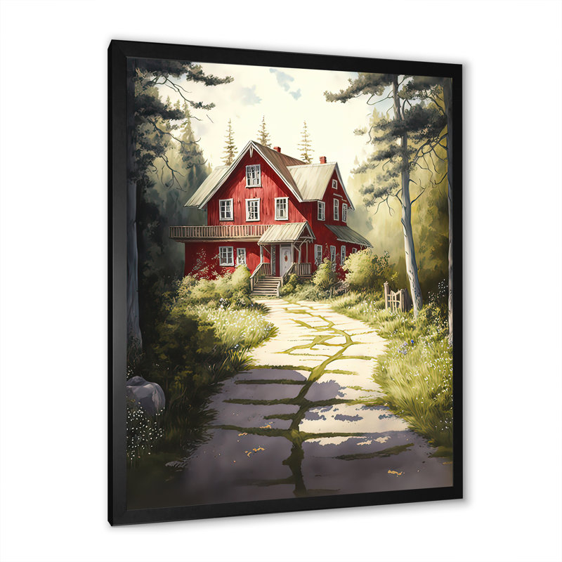 Charmant chalet rouge III - reproduction sur toile, H 20 po x l 12 po x P 1 po, Toile encadrée noire à coins fermés