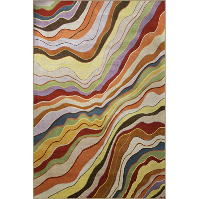 Multi Color Mixed Wavy Stripe Line Pattern Creative Modern Decorative Machine Washable Area Rug
