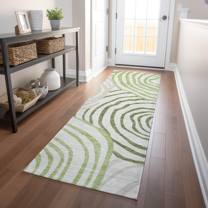 Premium Machine Washable Prisco Green Rug, Runner 2'3" x 7'6"