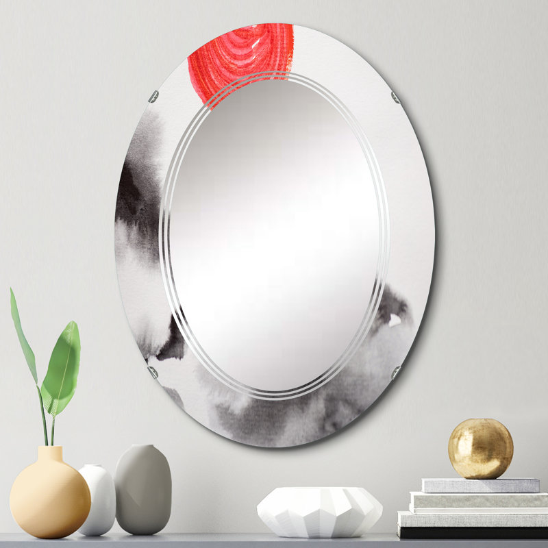 Miroir mural traditionnel japonais avec des collines et un soleil rouge, 30 po x 20 po