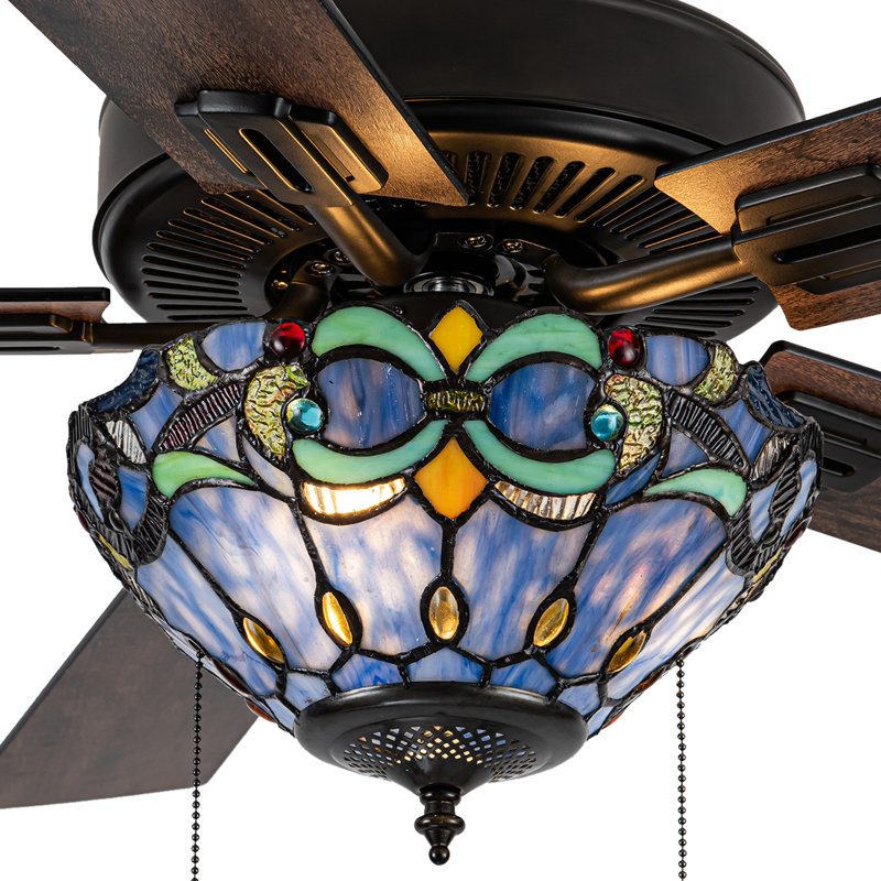 52"W Khoren 5-Blade Remote-Controlled Stained Glass Ceiling Fan