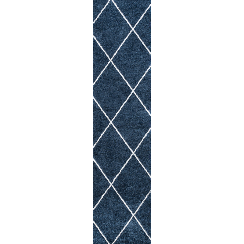 Bertrice Minimalist Diamond Trellis Navy/White Rug, Runner 2' x 10'