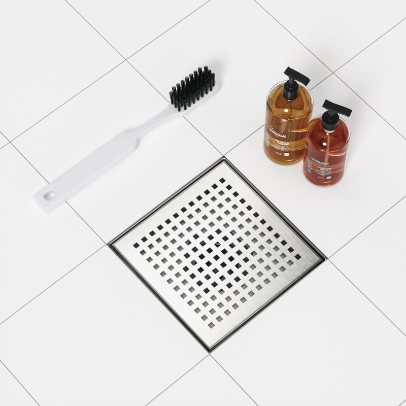 6 In. X 6 In. Stainless Steel Square Shower Drain With Square Pattern Surface And PVC Drain Base, Brushed Nickel