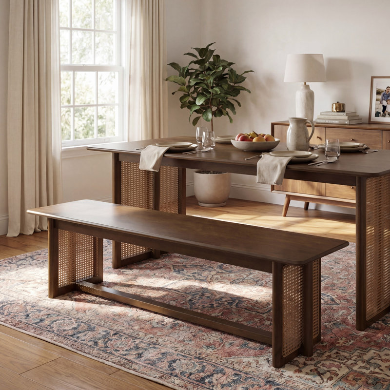 Banc de salle à manger en bois d'hévéa avec tressage en rotin synthétique - 150 cm (L) Banc d'intérieur