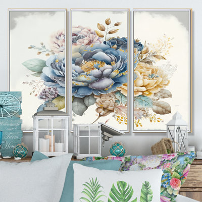 «Cool Tone Blooming Bouquet III», reproduction sur toile 3 pièces