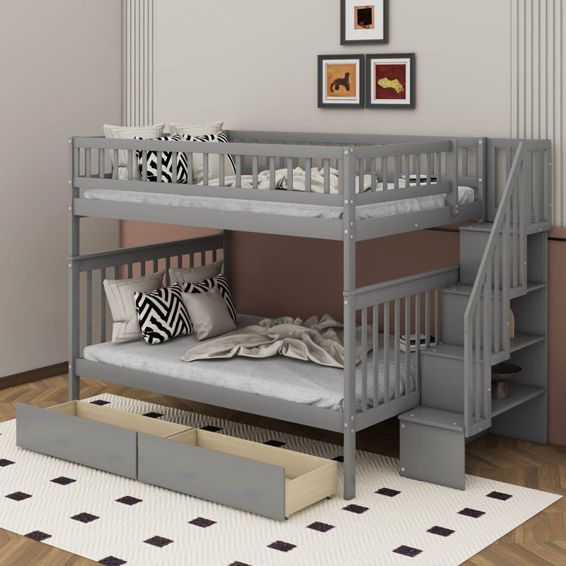 Full Over Full Bunk Bed With Drawers, Gray